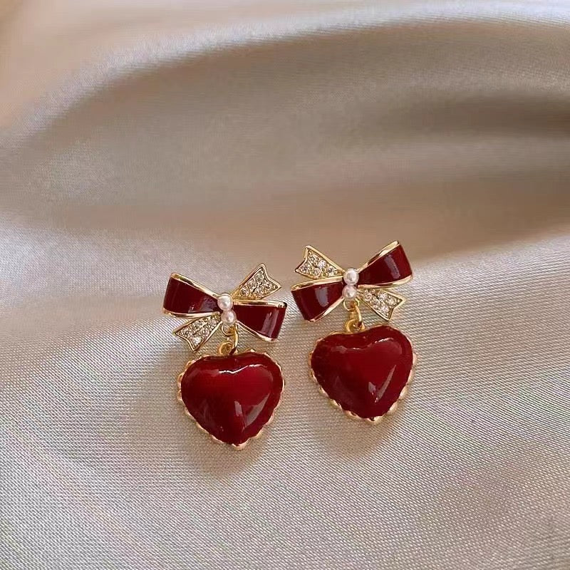 PS17 Korean Dark Red Hearts Bow Earrings