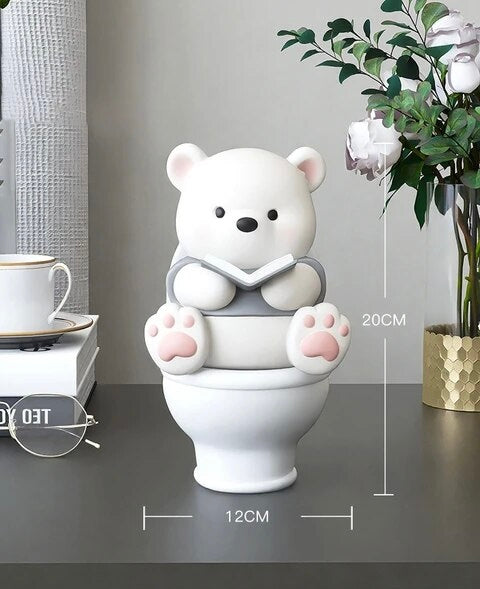 Teddy Bear Figurine on a Toilet with Book / Decorative Show Piece