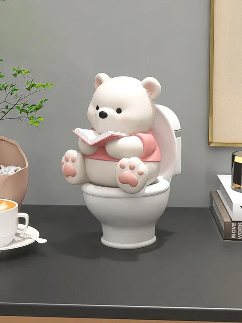 Teddy Bear Figurine on a Toilet with Book / Decorative Show Piece