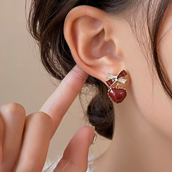 PS17 Korean Dark Red Hearts Bow Earrings