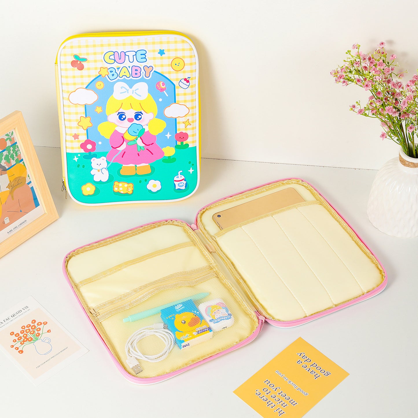 Kawaii Girl iPad Sleeve Case / Stationery Organiser /