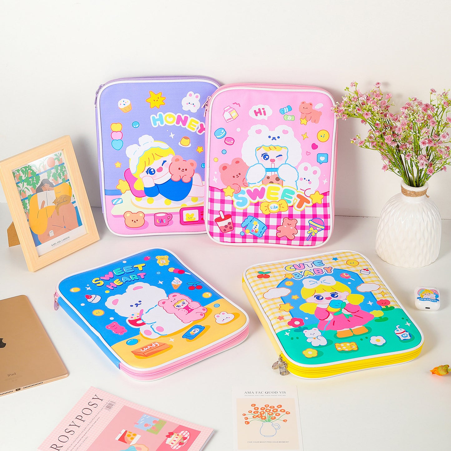 Kawaii Girl iPad Sleeve Case / Stationery Organiser /