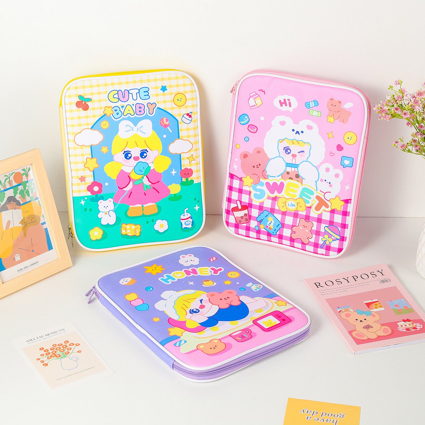 Kawaii Girl iPad Sleeve Case / Stationery Organiser /