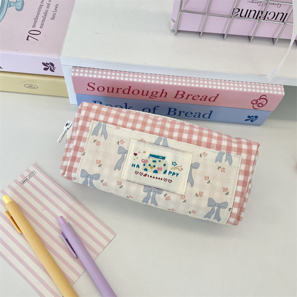 Sweet Ribbon Gingham Pencil Pouch 🎀🩵