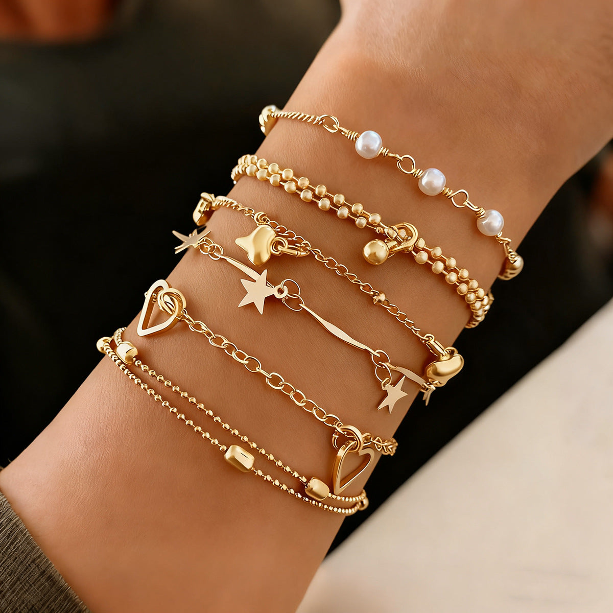 Set of 6 Golden Glow Charm Stardust and Pearls Bracelet Stack ✨💛