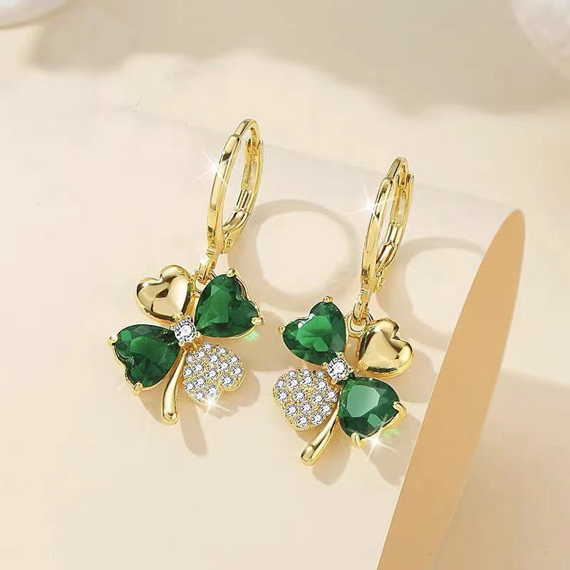 MM13 Korean Emerald Clover Gold Hoop Earrings