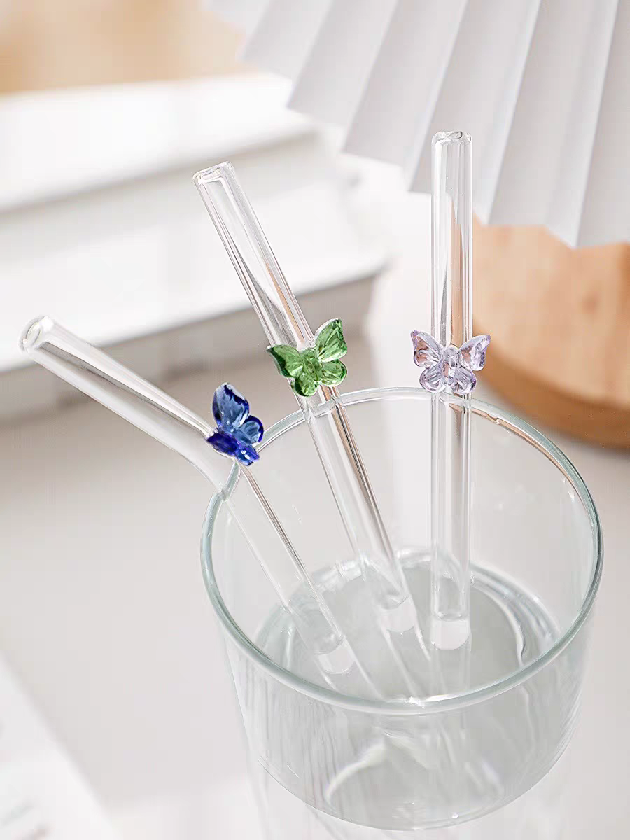 Set of 3 Butterfly Glass Straws