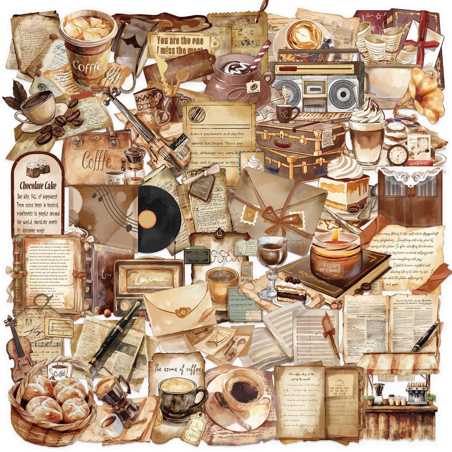 PS2 - Set of 50 Vintage Coffee & Book Transparent Sticker Pack