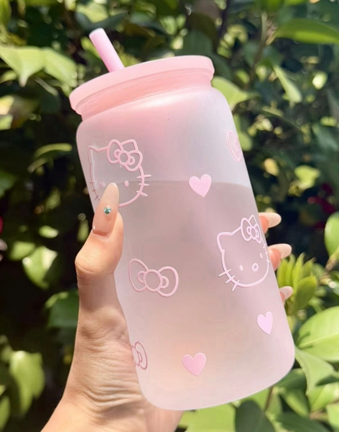 Hello Kitty Pink Frosted Glass Sipper Tumbler with Straw