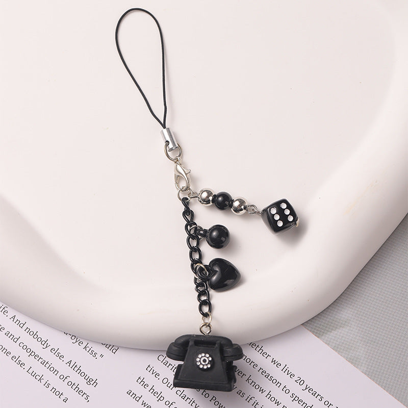 Black Retro Phone with Hearts and Dicr Keychain Tag