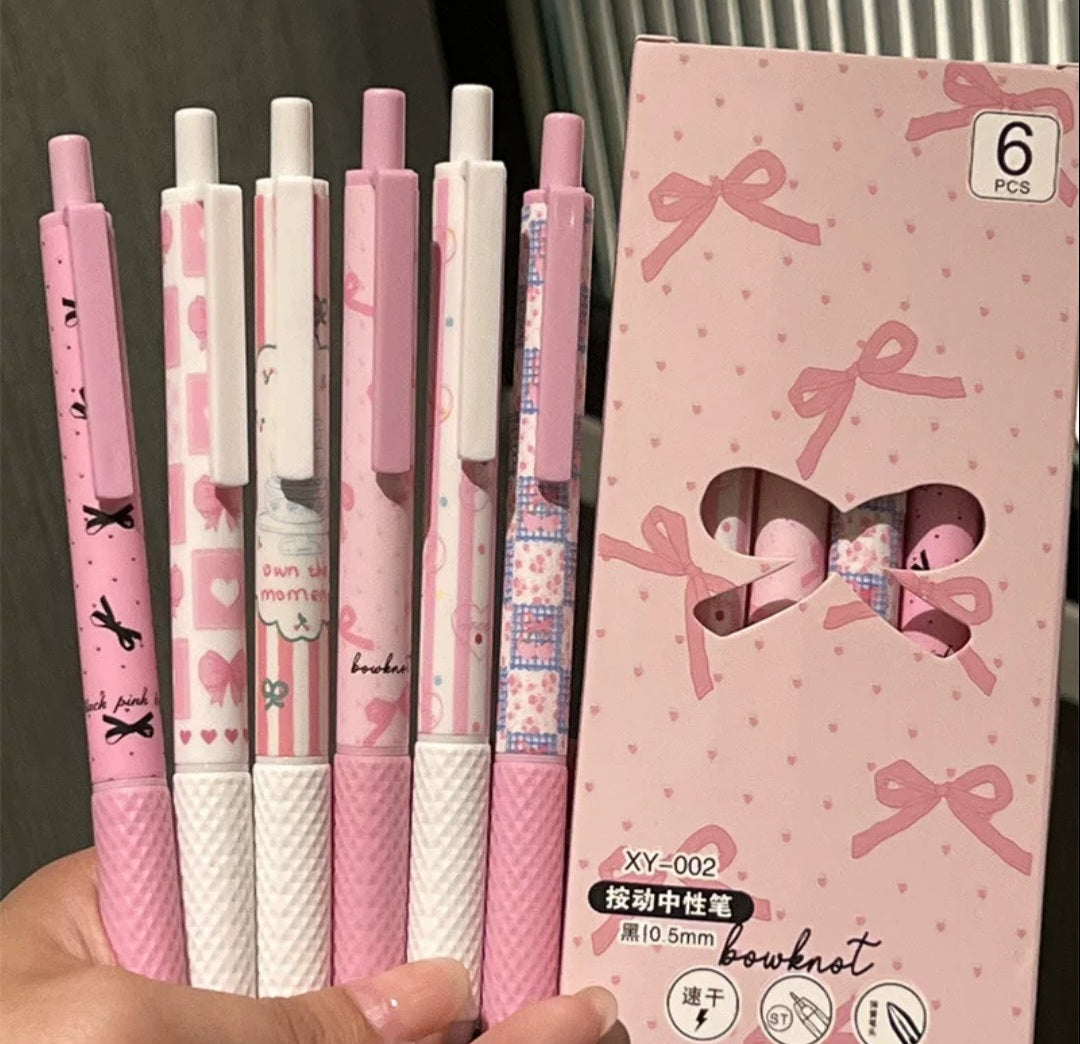 ✨Bowknot Pink Cutie Gel Pen Set (Pack of 6)✨