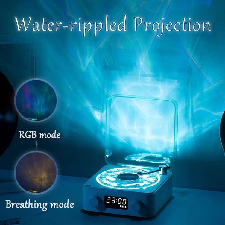 Retro-Style Wireless Waves Vinyl Bluetooth Speaker, Aqua Vinyl Speaker, The Waves Vinyl Player with Ambience Light and Clock for Bedroom, Office, Party, White