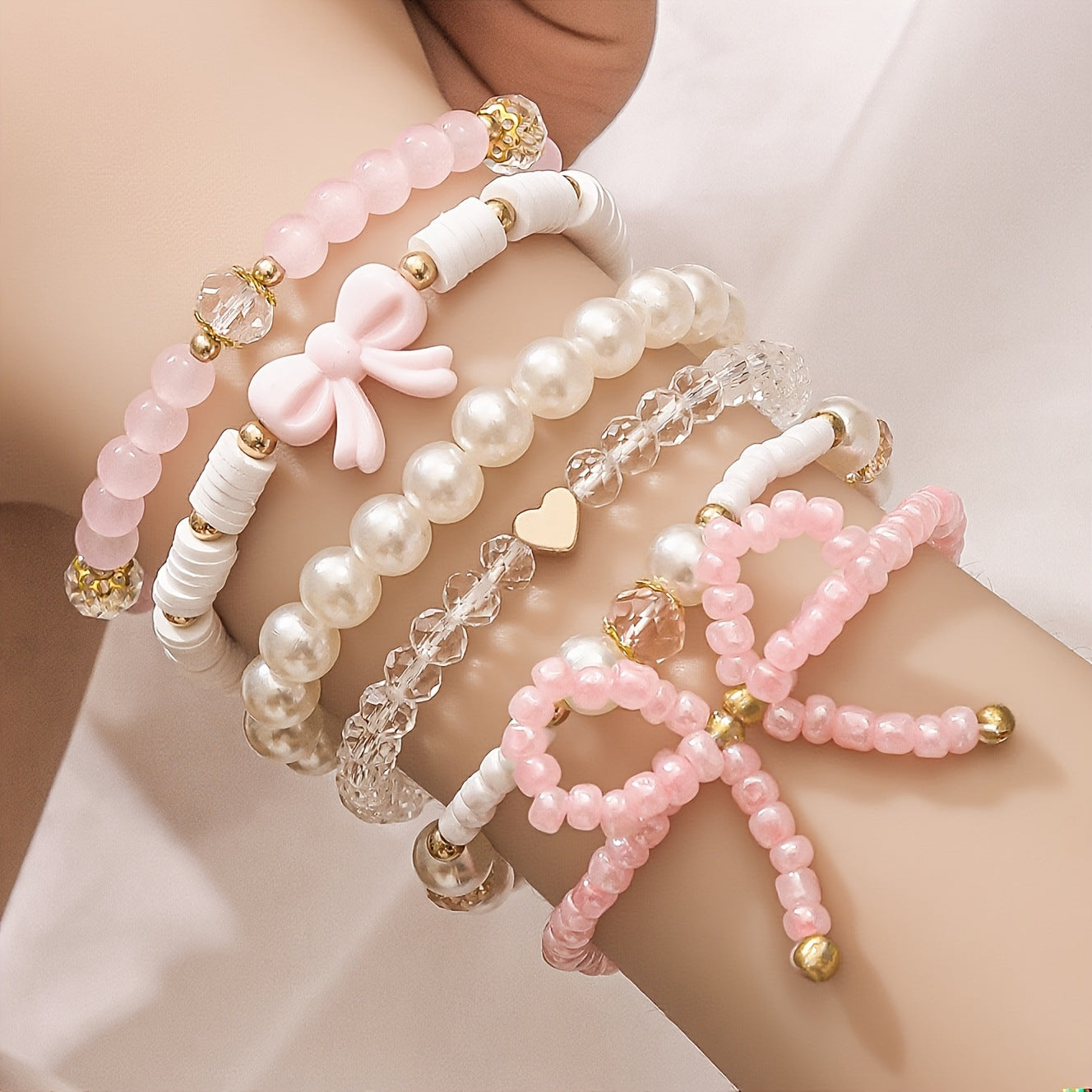 Set of 6 Pastel Pearl & Pink Bow Bracelet Collection ✨
