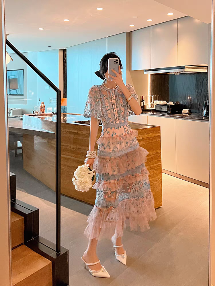 Pastel Bloom Korean Ruffle Dress