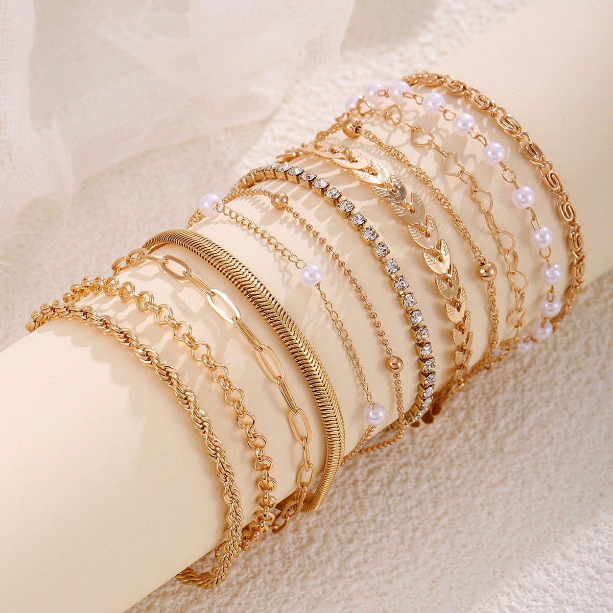 Set of 12 Golden Hour Layered Bracelets Set ✨ | Dainty Pearl & Chain Bracelets