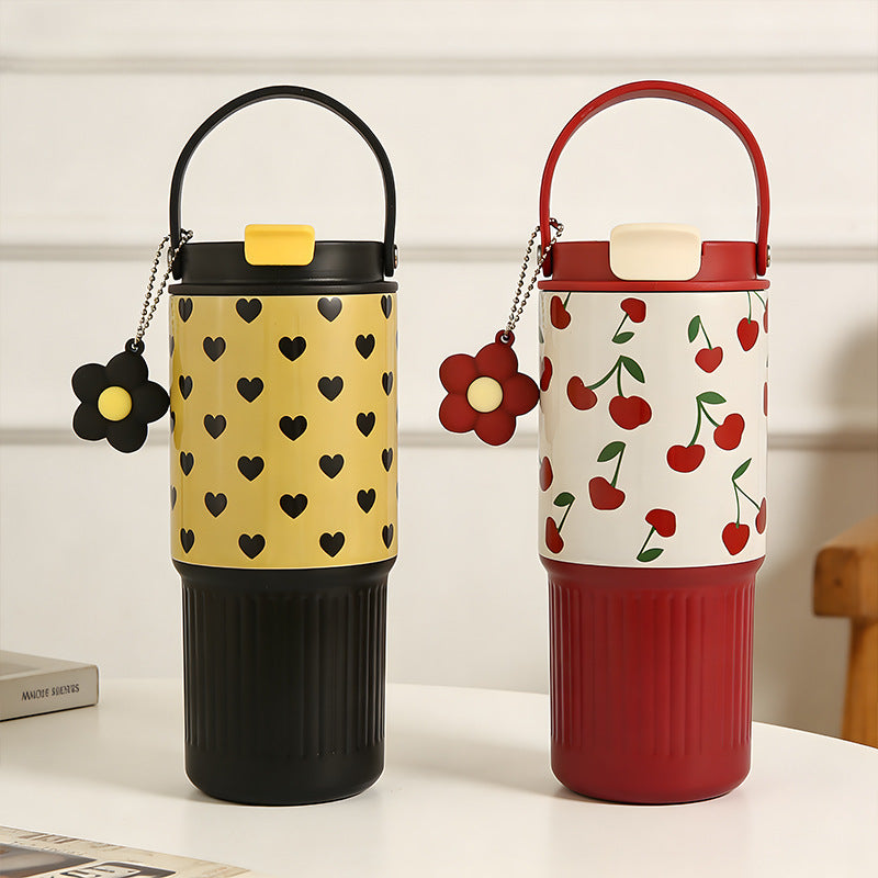 πΈβ¨ Kawaii Gingham Pattern Thermos Tumbler Bottle with Flower Charm Handle Sipper β¨πΈ