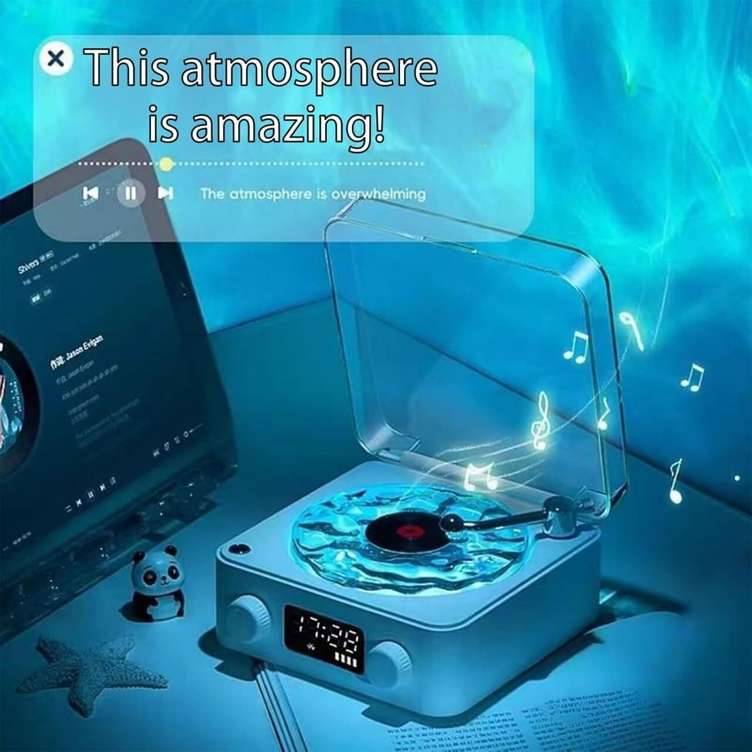 Retro-Style Wireless Waves Vinyl Bluetooth Speaker, Aqua Vinyl Speaker, The Waves Vinyl Player with Ambience Light and Clock for Bedroom, Office, Party, White