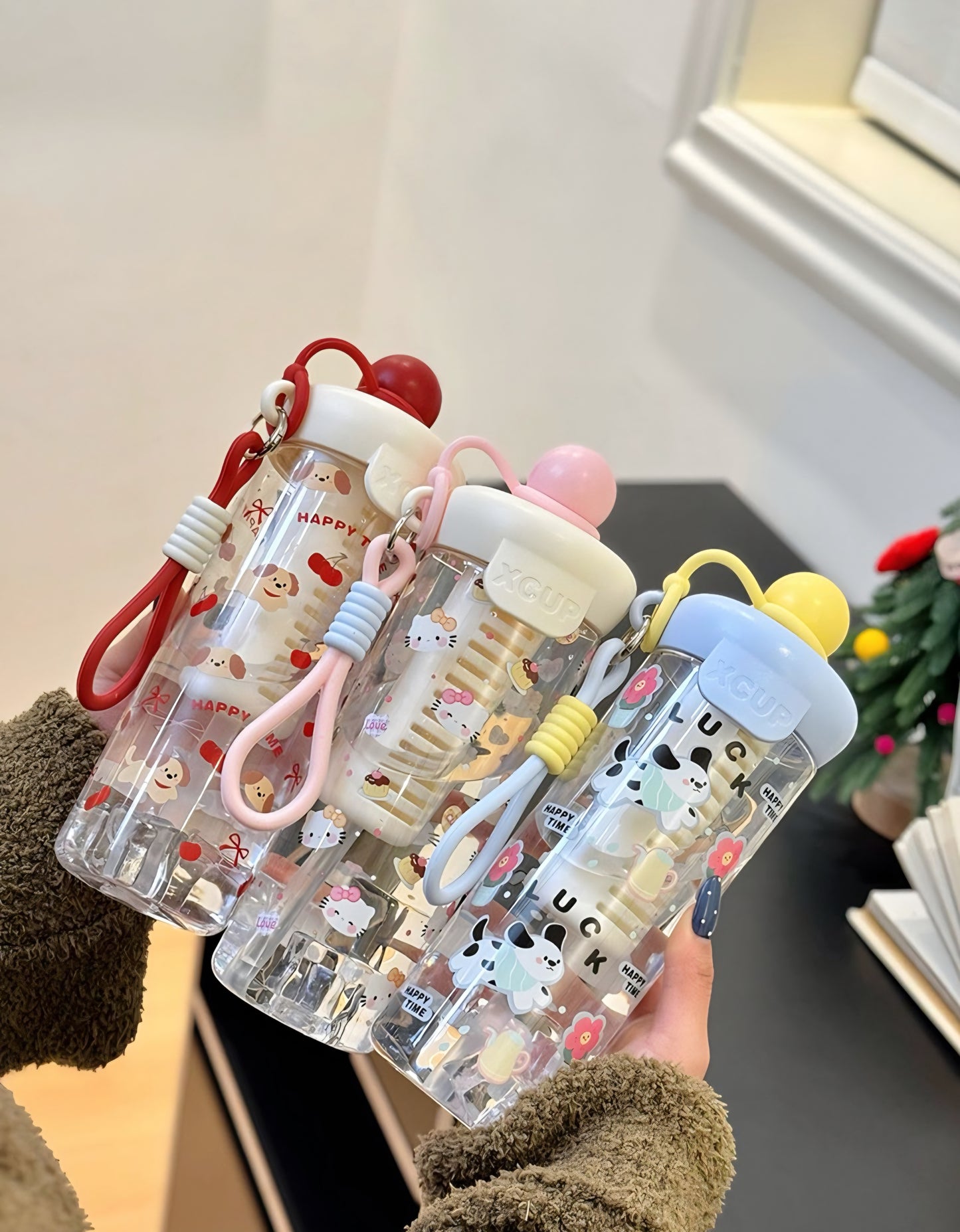 Cute Cartoon XCUP Water Bottle with Straw & Wrist Strap Sipper Waterbottle