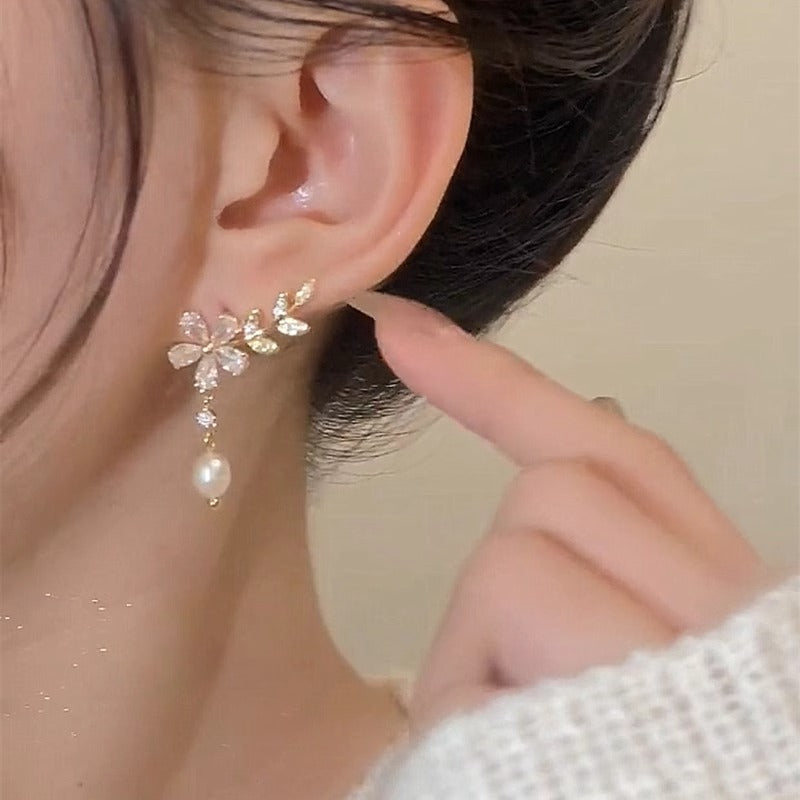 MM7 Korean White Stone Studded Floral Earrings