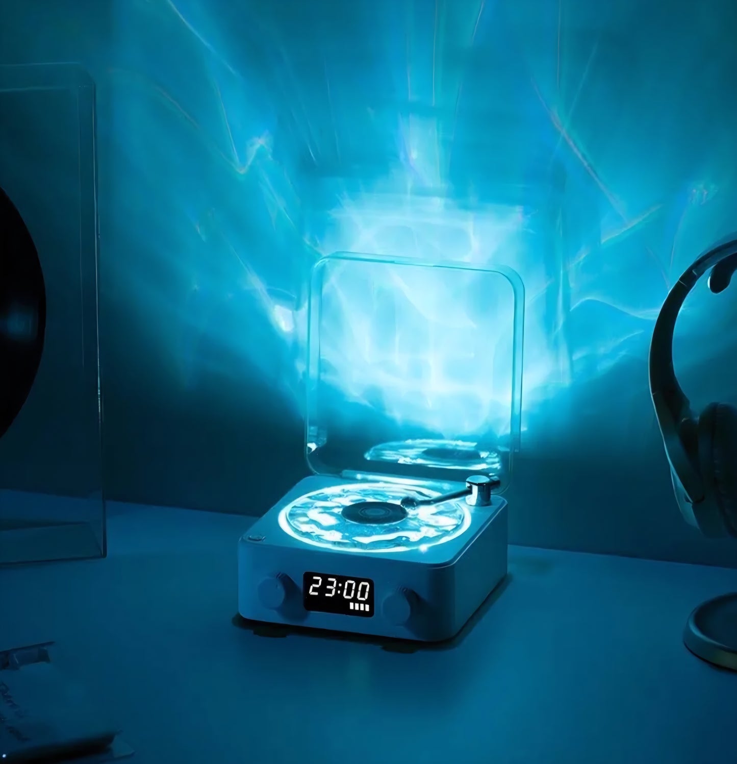 Retro-Style Wireless Waves Vinyl Bluetooth Speaker, Aqua Vinyl Speaker, The Waves Vinyl Player with Ambience Light and Clock for Bedroom, Office, Party, White