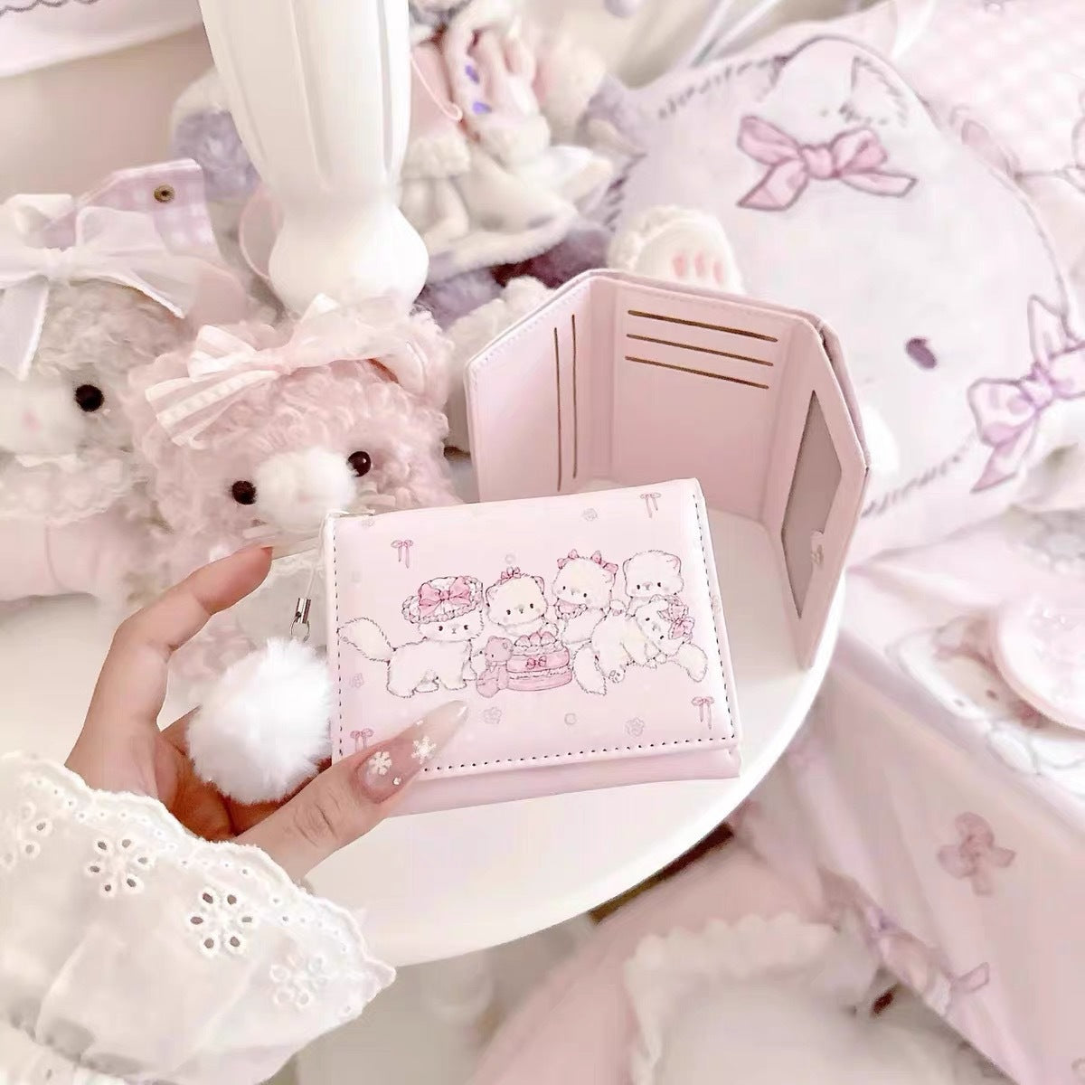 Pink Bear Family Tri Folding Wallet