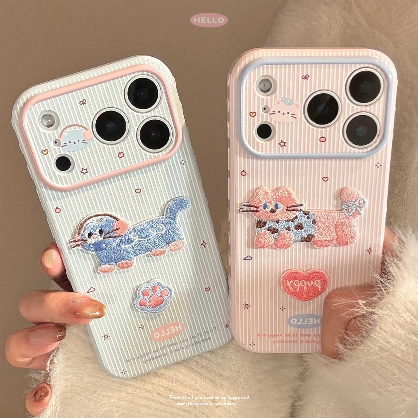 Cute Cat Dog 3D Embroidery Stripes iPhone Case