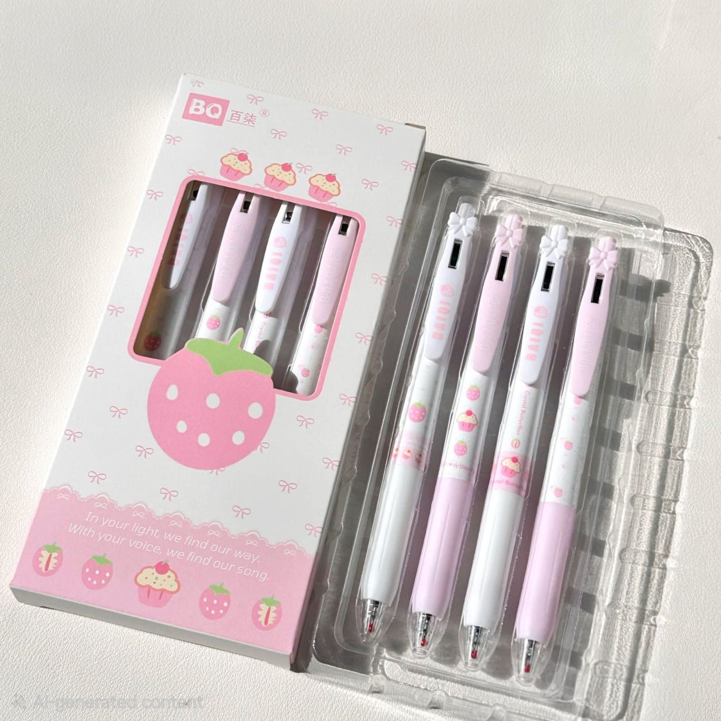 🎀 Strawberry Bow 4 Pens Set 🍓🖊️