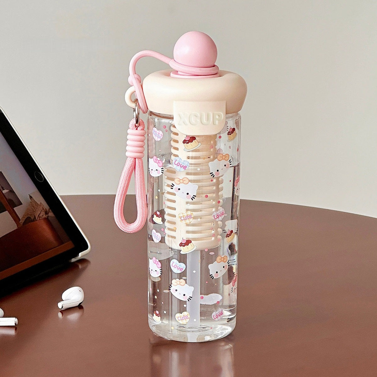 Cute Cartoon XCUP Water Bottle with Straw & Wrist Strap