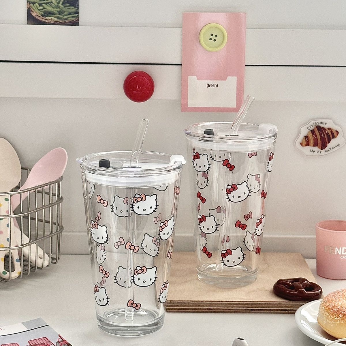 Hello Kitty Aesthetic Glass Tumbler with Lid and Straw