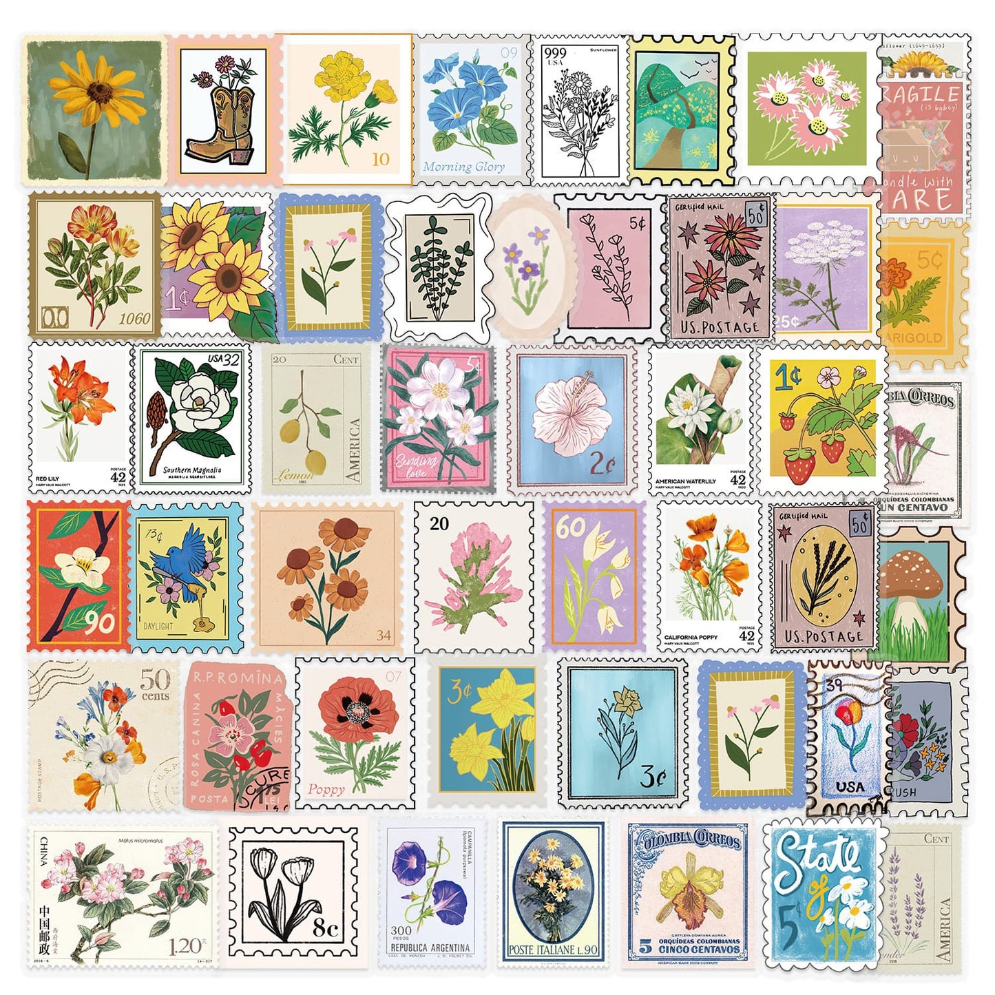 PS20 Set of 50 Transparent Vintage Botanical Postage Stamp Stickers Pack