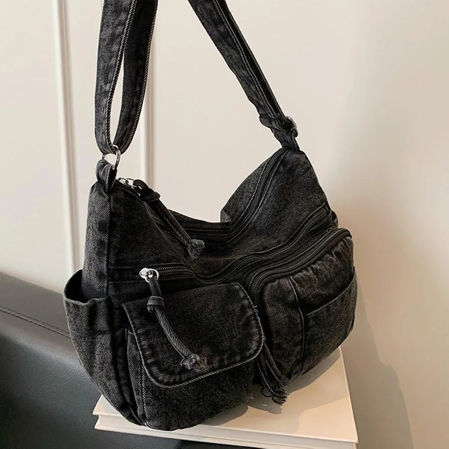 ๐ Pre - Order Denim Multi-Pocket Shoulder Bag
