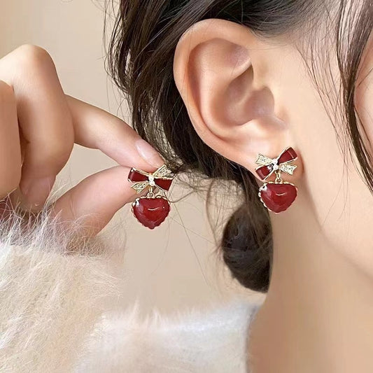 PS17 Korean Dark Red Hearts Bow Earrings