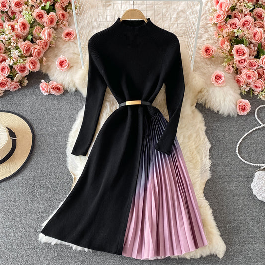 Knitted Sweater Pleated Patchwork Gradient Ruffled Elegant Dress