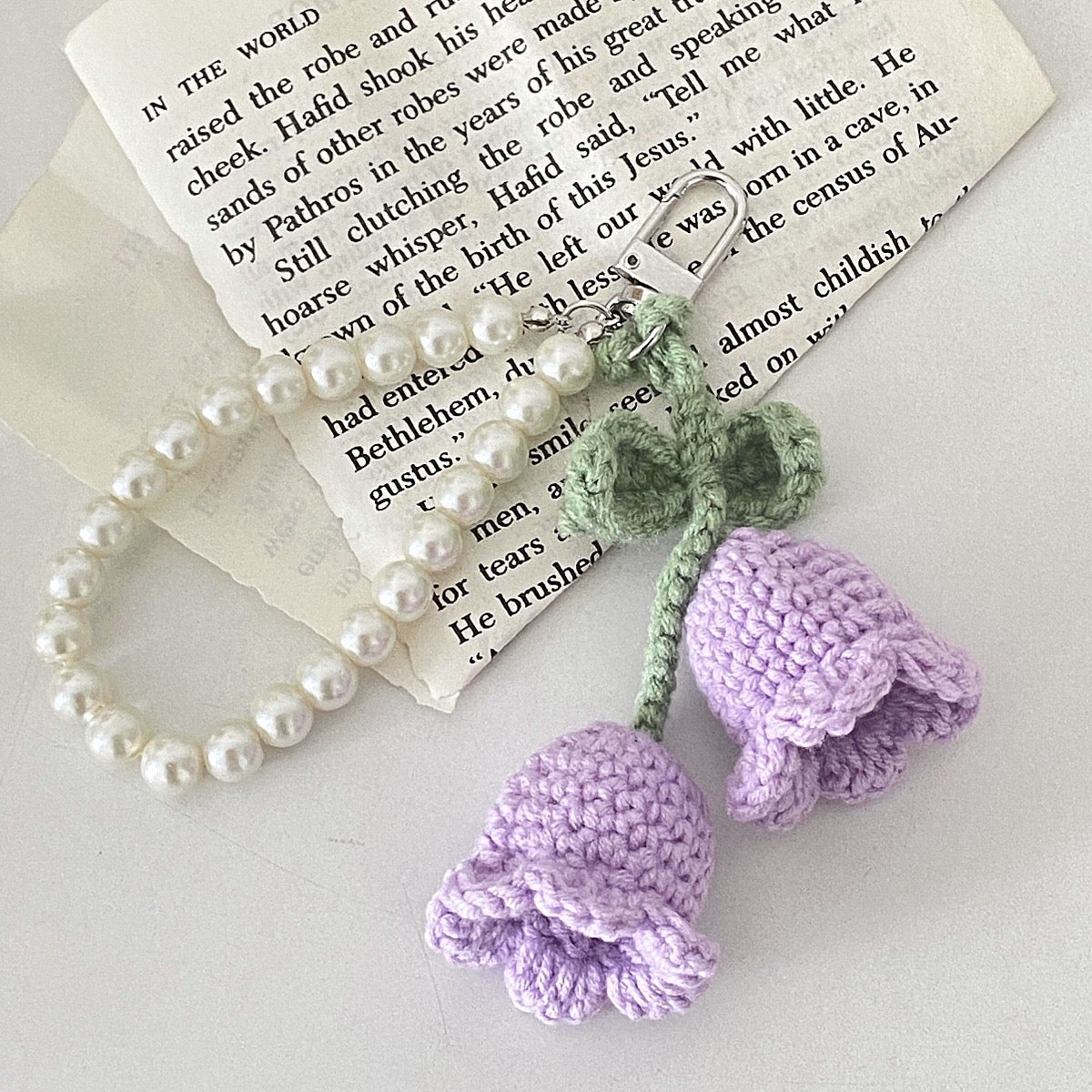 Crochet Pearl Tulip Keychain Hanging