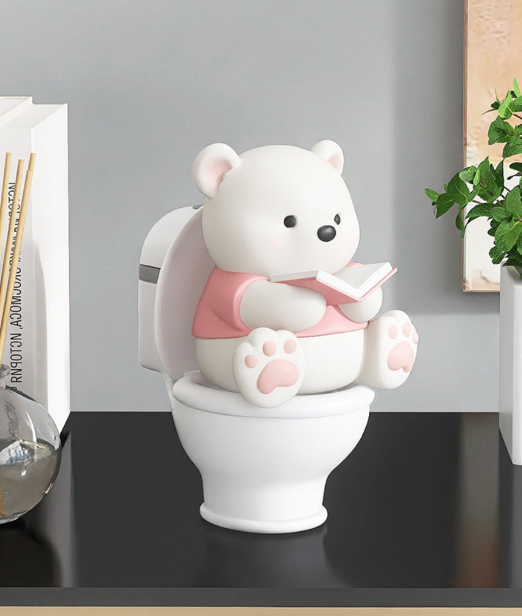 Teddy Bear Figurine on a Toilet with Book / Decorative Show Piece