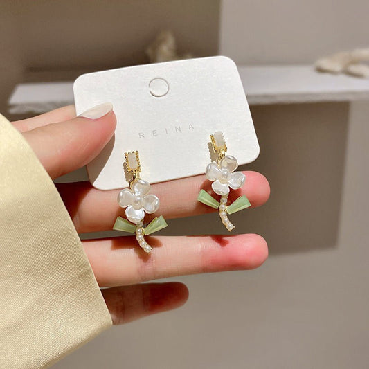 Korean Green and White Floral Earrings