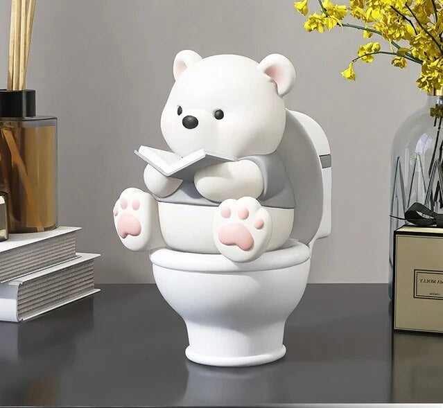 Teddy Bear Figurine on a Toilet with Book / Decorative Show Piece