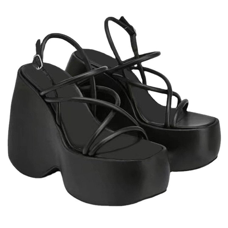 Black Strappy Platform Wedges For Women