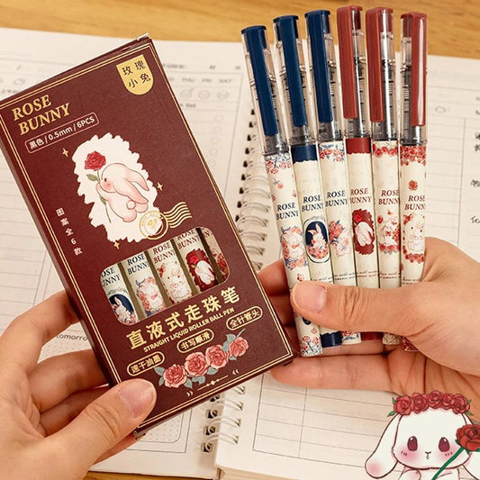 Vintage Rose Bunny 6 Pens Set