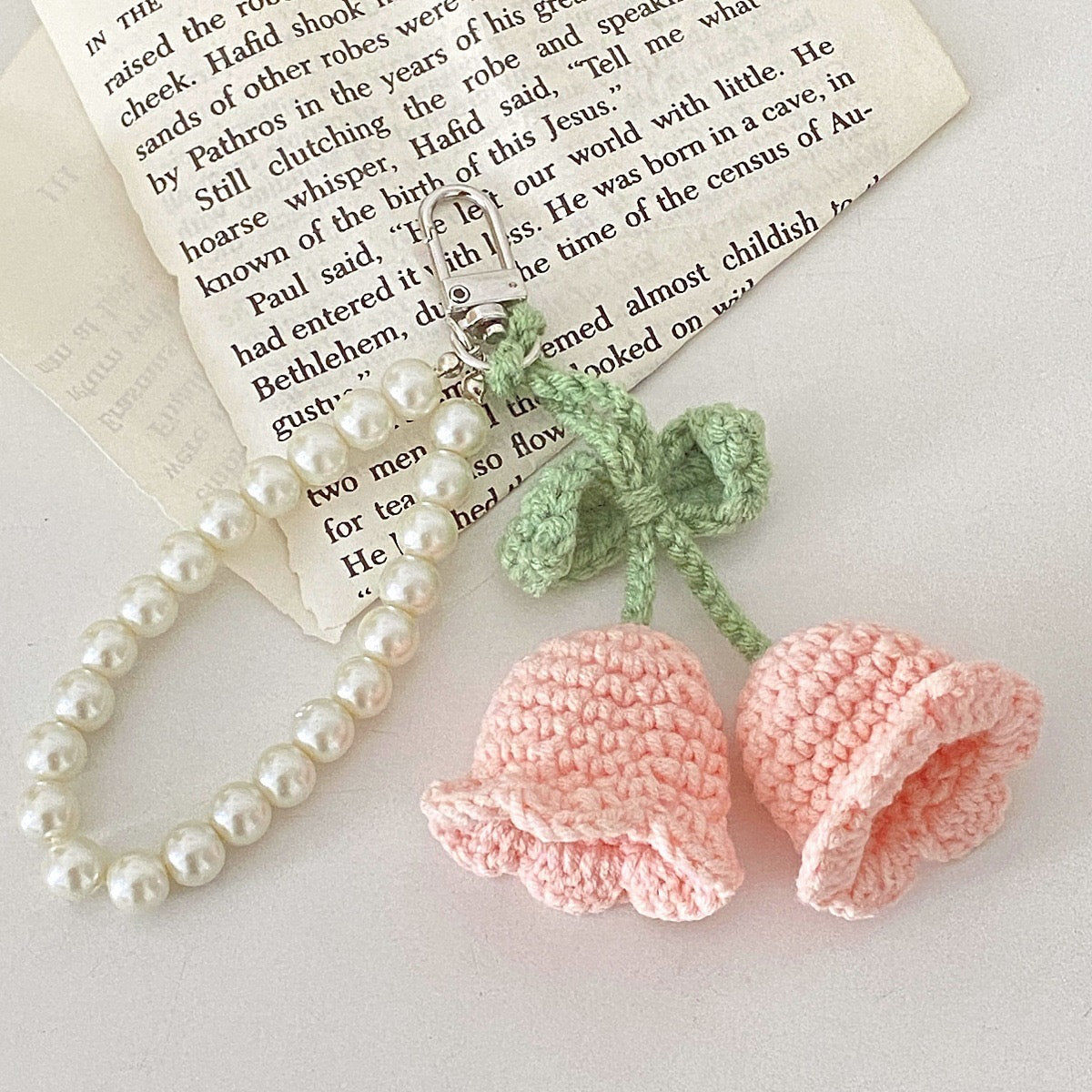 Crochet Pearl Tulip Keychain Hanging