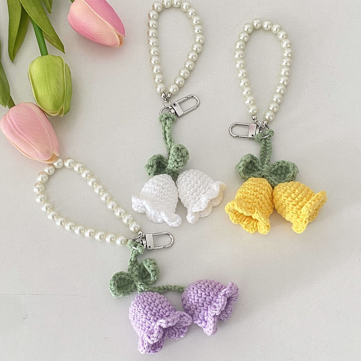 Crochet Pearl Tulip Keychain Hanging