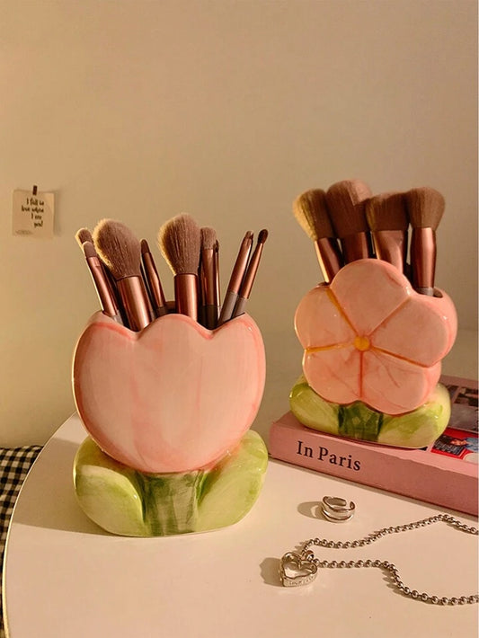 Tulip Blossom Ceramic Pen Stand / Makeup Holder Organiser