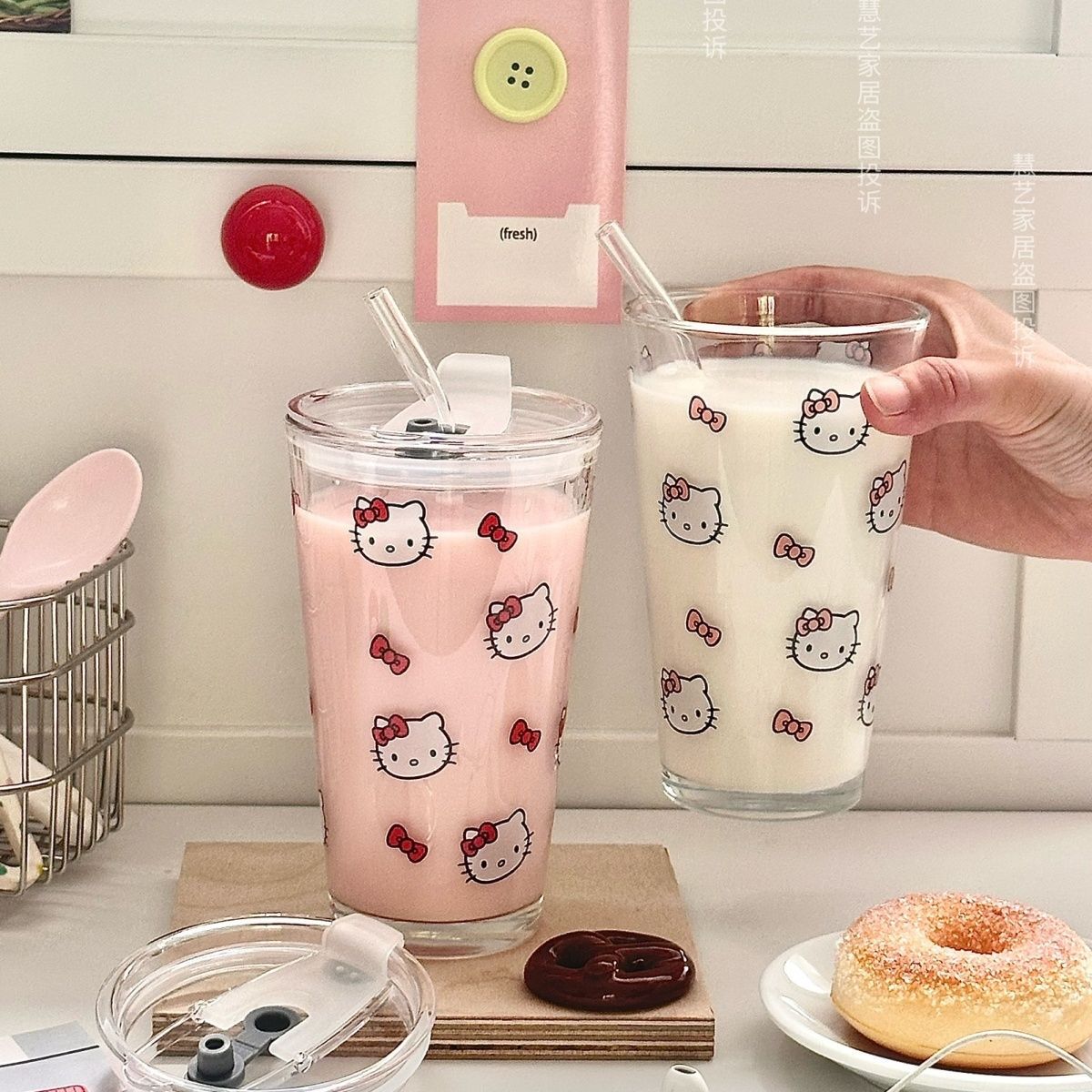 Hello Kitty Aesthetic Glass Tumbler with Lid and Straw