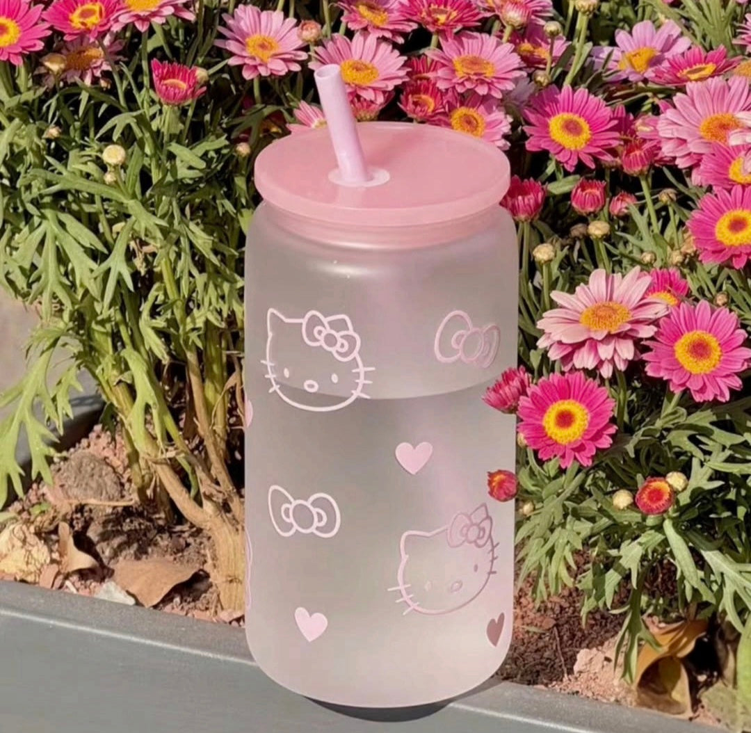 Hello Kitty Pink Frosted Glass Sipper Tumbler with Straw