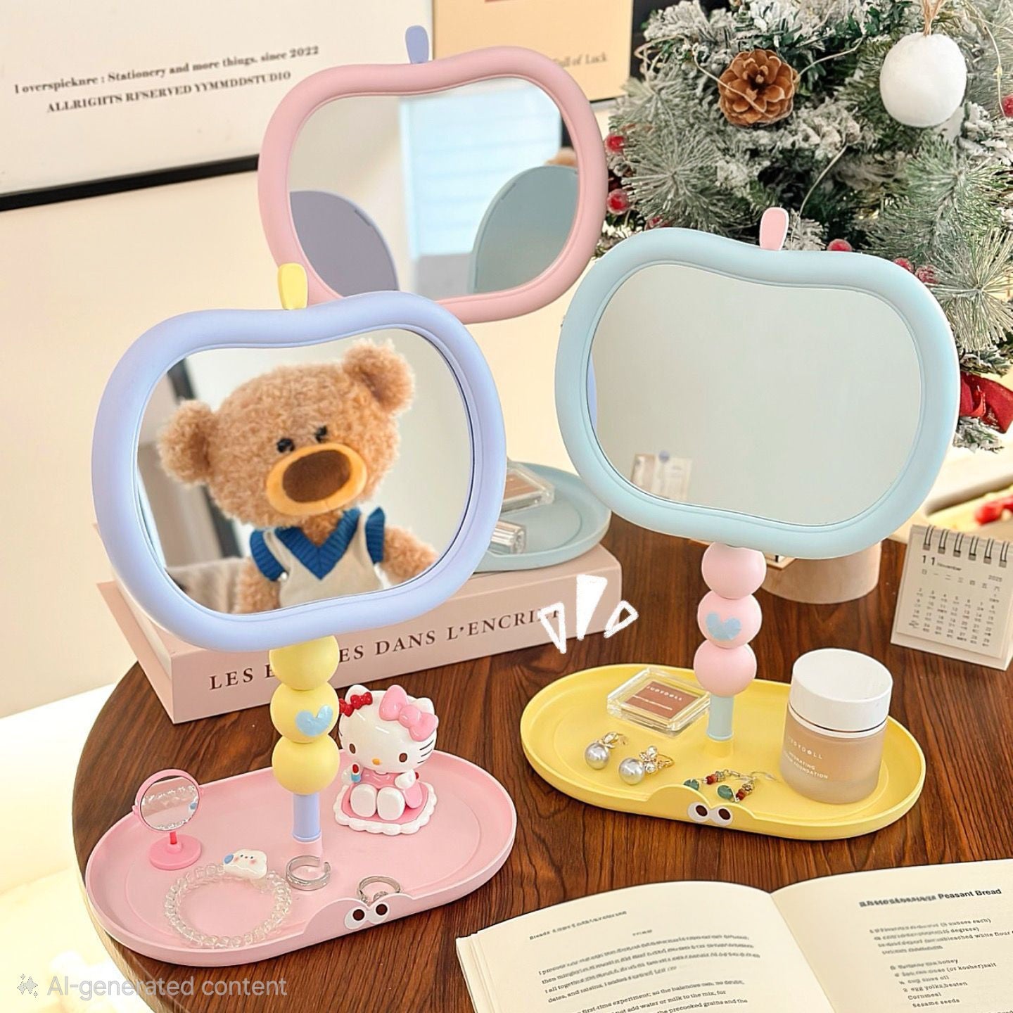 Kawaii Apple Beaded Vanity Mirror with Storage Tray 🎀🪞