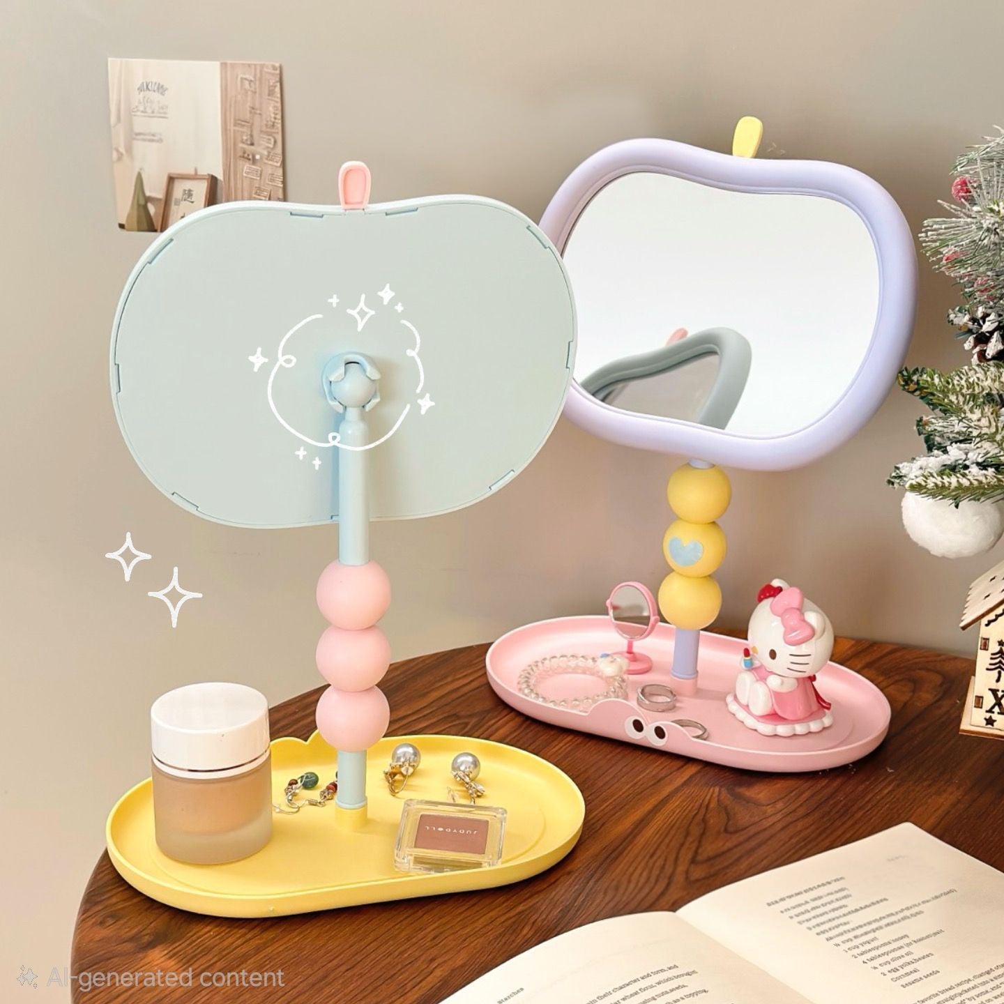 Kawaii Apple Beaded Vanity Mirror with Storage Tray 🎀🪞