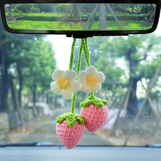 Set of 2 Pink Strawberry Crochet Decor Car Showpeice Keychain
