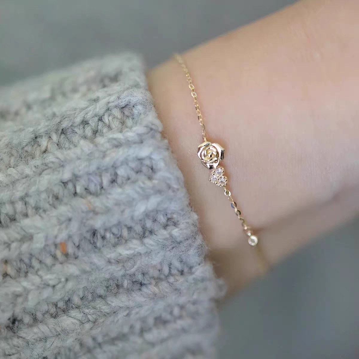 S925 Silver Minimal Rose Heart Bracelet with Gold Coating