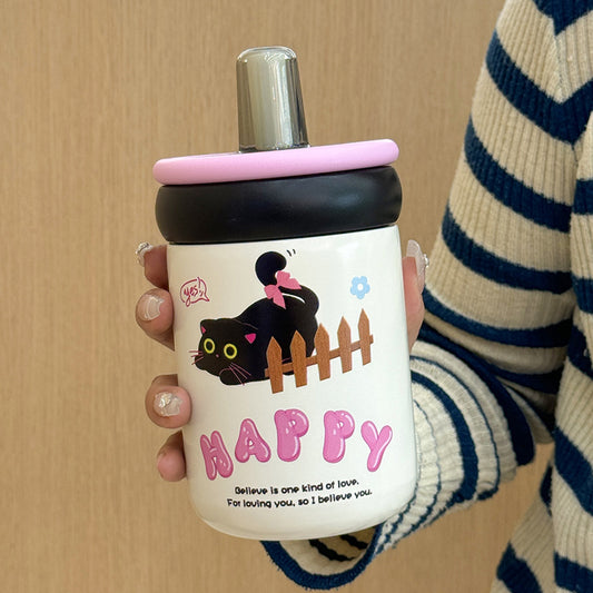 Happy Cat Insulated Tumbler with Straw Cup