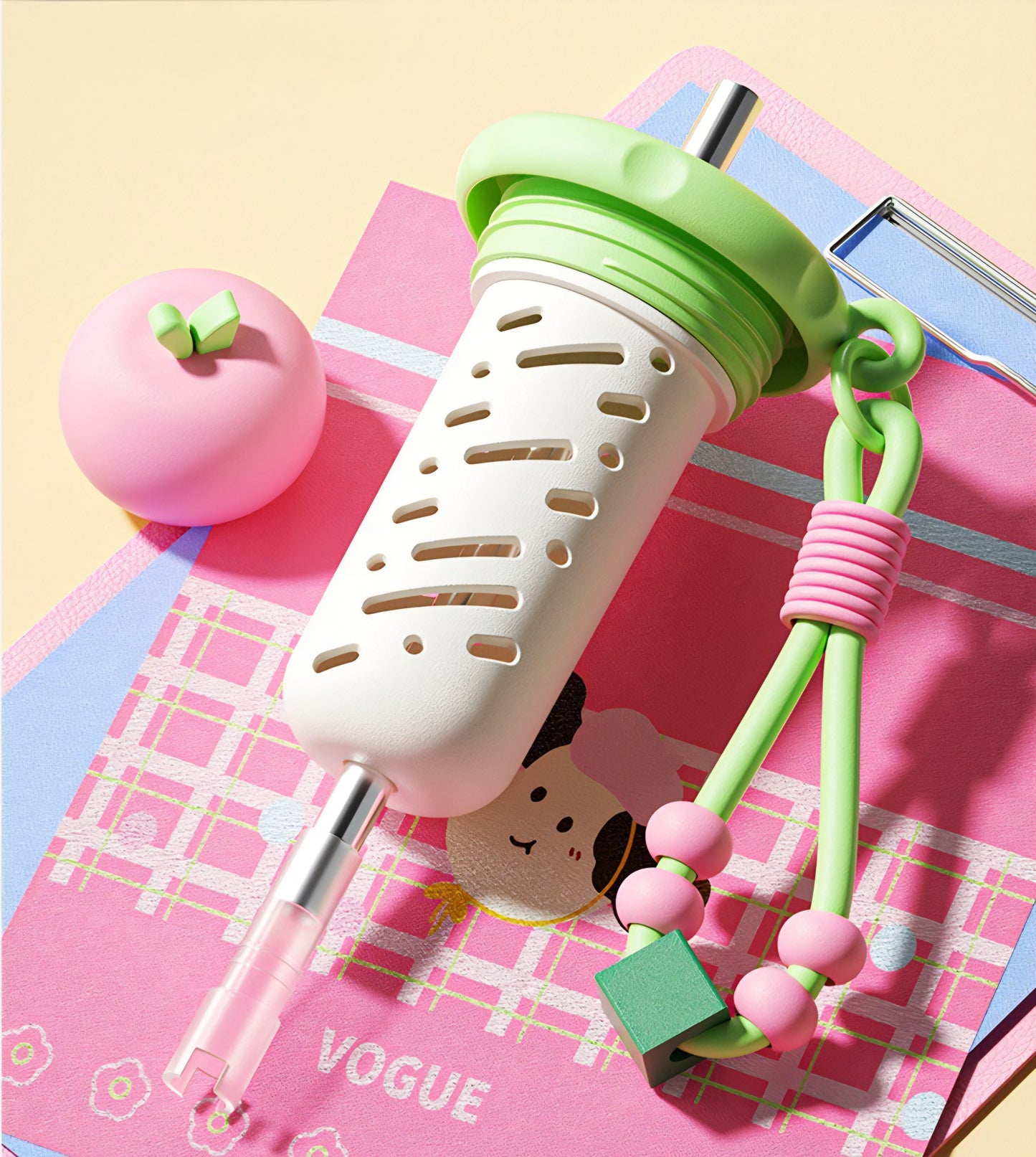 🍎🎀 Kawaii Tomato Fruit Charm Water Bottle Tumbler Sipper with Beaded Strap | Cute Pastel Leakproof Bottle